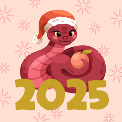 2025 New Year, greeting card design. Chinese holiday postcard, cute funny happy snake mascot. CNY, square background, festive animal symbol in Santa hat. Kids childish flat cartoon vector illustration