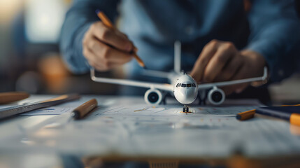 Hands assembling a model airplane on a table