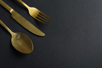 Elegant golden cutlery on black background, above view. Space for text