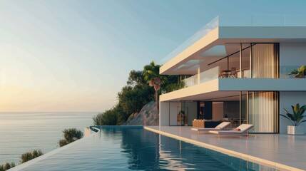 Modern luxury oceanfront villa and swimming pool, private housing, expensive real estate, Ai generated for ads