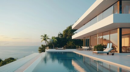 Fototapeta premium Modern luxury oceanfront villa and swimming pool, private housing, expensive real estate, Ai generated for ads