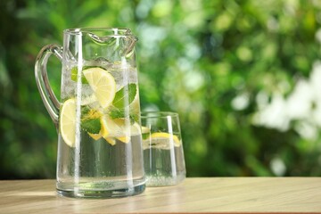 Refreshing lemonade with mint in jug and glass on wooden table against blurred green background. Space for text