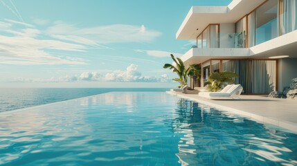 Fototapeta premium Modern luxury oceanfront villa and swimming pool, private housing, expensive real estate, Ai generated for ads