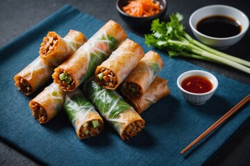 Chinese spring rolls with vegetable on blue cloth background, sill life image dark tone. with hand moving.