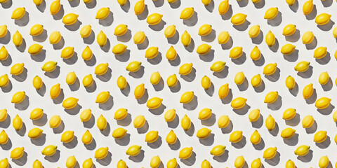 A seamless photographic pattern of lemons, each with its shadow, scattered across the canvas in an elegant display, with soft shadows on a white background
