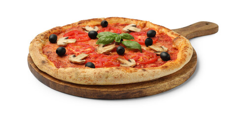 Delicious pizza with tomatoes, mushrooms, black olives and basil isolated on white