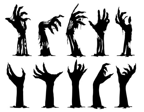 Halloween zombie hands silhouettes, vector horror holiday. Scary monsters arms reaching out from cemetery grave ground. Evil dead man, spooky graveyard ghost or demon black hands with creepy fingers