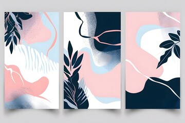Abstract art featuring soft pinks and blues with botanical elements.