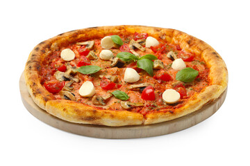 Tasty pizza with basil, mushrooms, mozzarella and tomato isolated on white