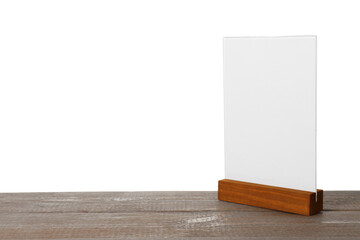 Menu holder on wooden table against white background. Mockup for design