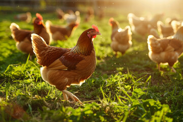Fototapeta premium A Single Brown Hen in a Field of Lush Green Grass