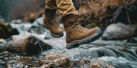 Picture of hiking boots for different terrain situations. AI generative.