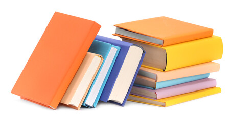 Many bright colorful books isolated on white