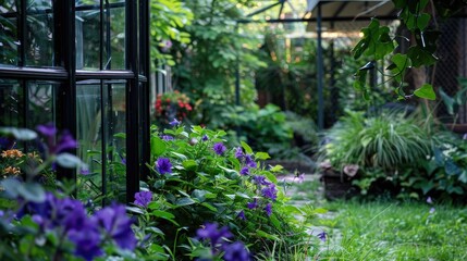 Obraz premium Bright purple flowers from a greenhouse in a garden on a green backdrop