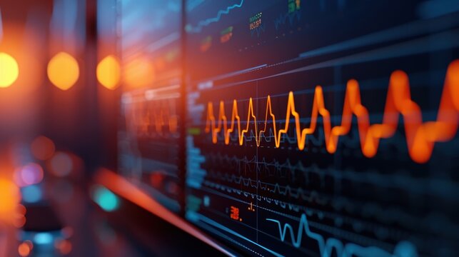 A close-up of a digital screen displaying a fluctuating line graph in orange against a dark background. The graph represents data visualization.