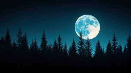 Fototapeta premium A full moon shines brightly over a dark forest, casting long shadows on the trees.
