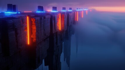 Obraz premium A futuristic cityscape with glowing lights above the clouds at sunrise.