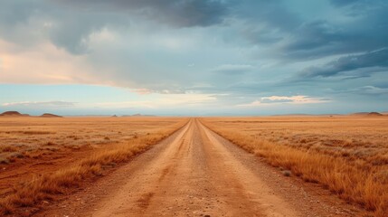 A long, dirt road stretches through a field of dry grass under a dramatic sky.