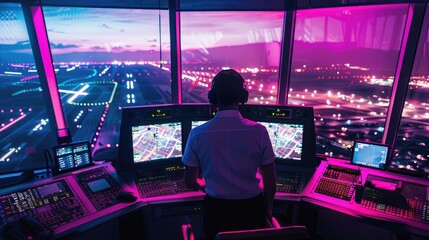 Air traffic controller monitoring flights with large radar screen at sunset, ensuring safe navigation and coordination. Generative by AI