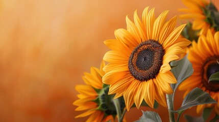 Fototapeta premium A vibrant bouquet of sunflowers against a warm, golden background. The cheerful flowers symbolize sunshine and happiness.