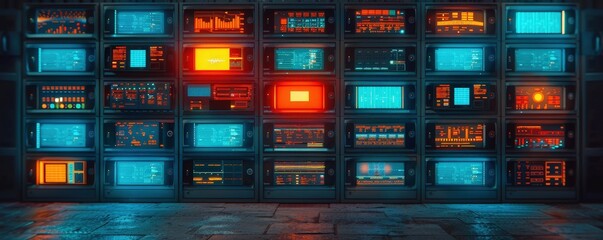 Abstract futuristic grid of glowing screens.