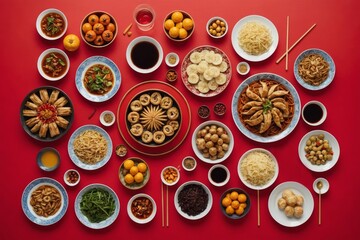 Chinese new year festival table over red background. Traditional lunar new year food. Flat lay, top view