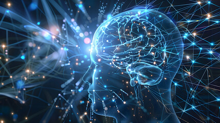 This image depicts a blue-orange themed digital brain network, with glowing yellow dots on a dark blue backdrop, evoking AI concepts.