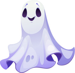Cartoon Halloween ghost character, scary spooky personage, horror evil monster. Vector floating apparition with smiling facial expression. Creepy spook, bogey phantom, vibrant purple and white specter