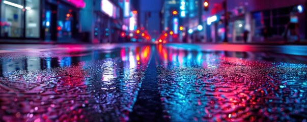 Neon lights reflected in a wet city street.