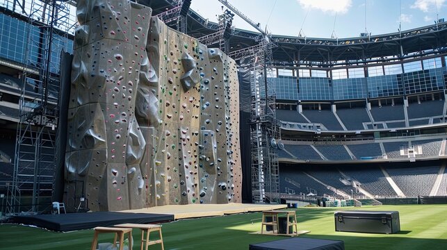 Large climbing wall setup in an empty stadium. Outdoor rock climbing, sport, structure, challenge, event preparation, athletic, adventure, stadium setting. Generative by AI