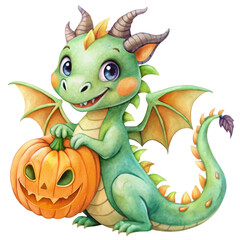 Fototapeta premium Watercolor clipart Halloween dragon, adorable and bright, with a pumpkin tail, transparent background