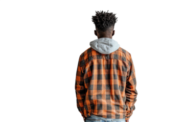 Young man viewed from behind, wearing an orange and black checkered shirt with a grey hood. He stands casually with his hands in his pockets, showcasing a relaxed and modern style.