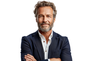 Portrait of a middle-aged man with a beard, wearing a navy blue blazer and white shirt. He stands confidently with arms crossed, exuding a professional and approachable demeanor.