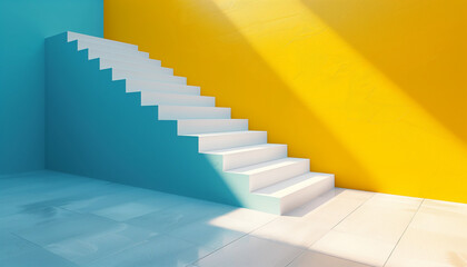 Modern minimalist staircase with vibrant turquoise, yellow walls and white steps, illuminated by sunlight.