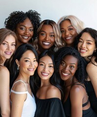 Group portrait of seven diverse women smiling against a white background.