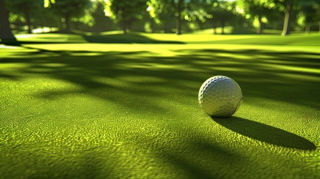 Close-up of a golf ball on the edge of the hole on a green golf course with a flagstick casting a shadow in the background. Outdoor sport, successful putt, precision shot. Generative by AI