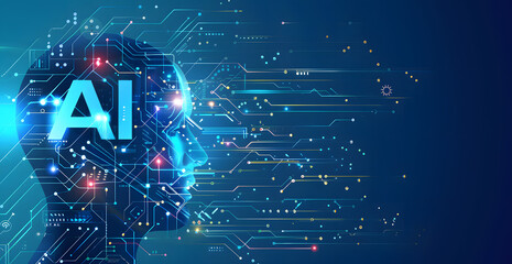 A complex circuit backdrop highlights AI's foundations, while "AI" in the corner underscores the theme, conveying modern tech vibes ideal for education or promotion.