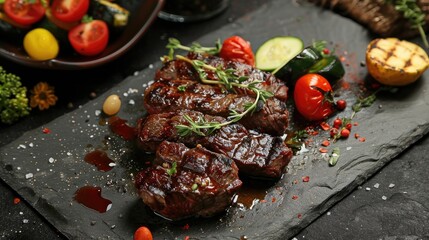 Grilled Beef Steak with Vegetables on Stone Table