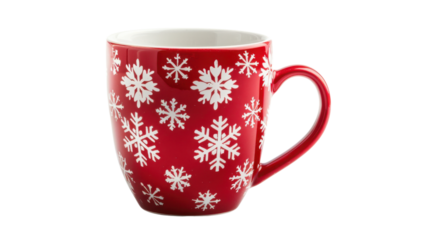 Red mug with snowflakes on transparent background