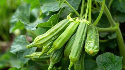 Fototapeta premium Green okra with green leaves