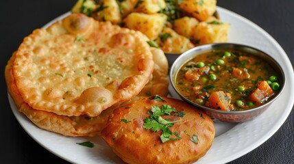Green peas puri kachori and potato curry on white plate against black background