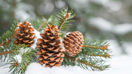 Green spruce branches with cones on snow