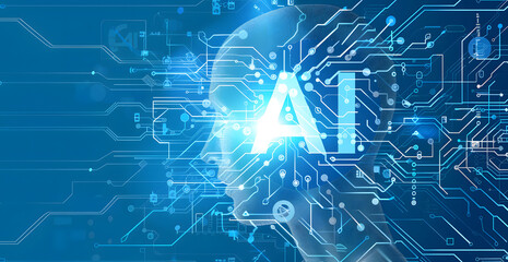 A complex circuit backdrop highlights AI's foundations, while "AI" in the corner underscores the theme, conveying modern tech vibes ideal for education or promotion.