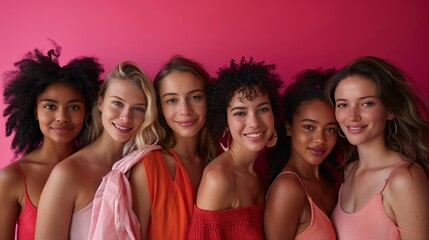 Obraz premium Group portrait of seven women in pink outfits smiling against a pink background.