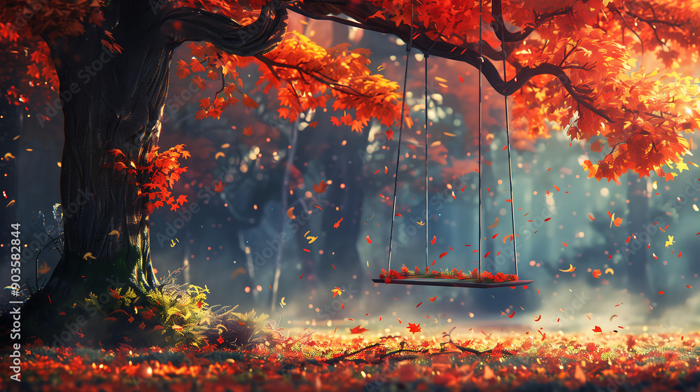 Poster whimsical autumn scene with an old tree and leaves falling featuring a swing hanging from its branch