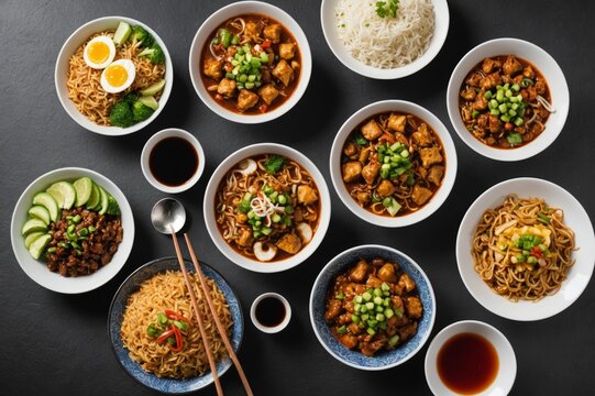 Assorted Indo chinese food in group includes non vegetarian or chicken Schezwan/Szechuan hakka noodles, fried rice, manchurian, egg american chop suey, soup with spoon and chop sticks, selective focus