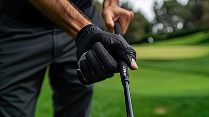 Close-up of golfer's hands holding a golf club. Green golf course in the background Generative by AI