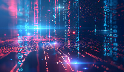 Obraz premium Abstract digital scape in deep hues, featuring vibrant red/orange pixels on dark background, evoking future tech vibes.