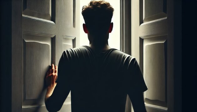 ドアを開けて外を見る男性の後ろ姿