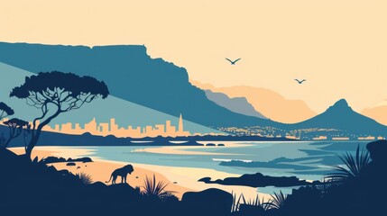 Minimalism illustration, silhouette of the Cape Town skyline with Lion's Head and ocean views, flat illustration on light tan background, empty copy space, lofi style illustration . boho woman, bohemi